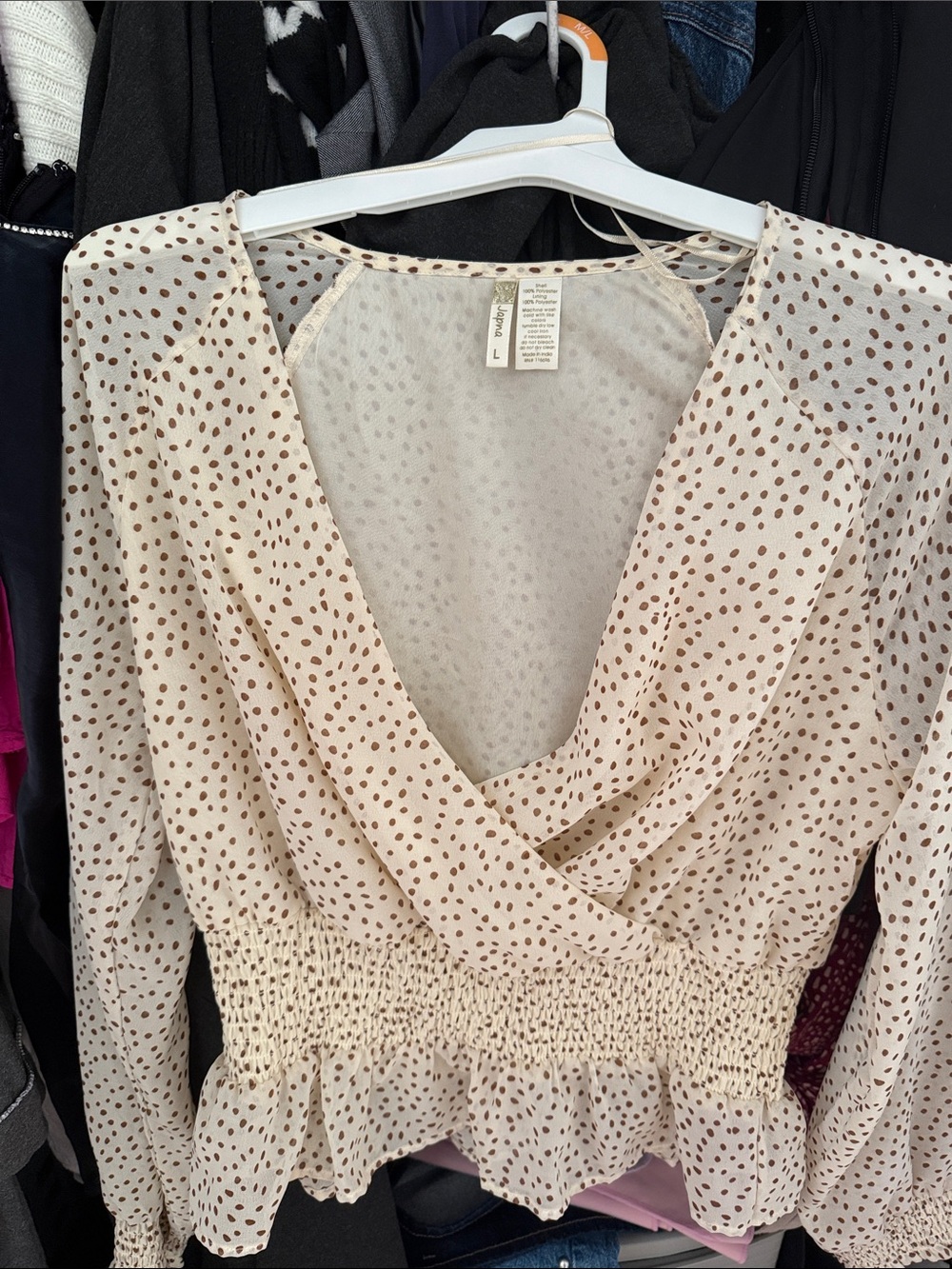 Light Cream Polka Dot Wrap-Front Peplum top